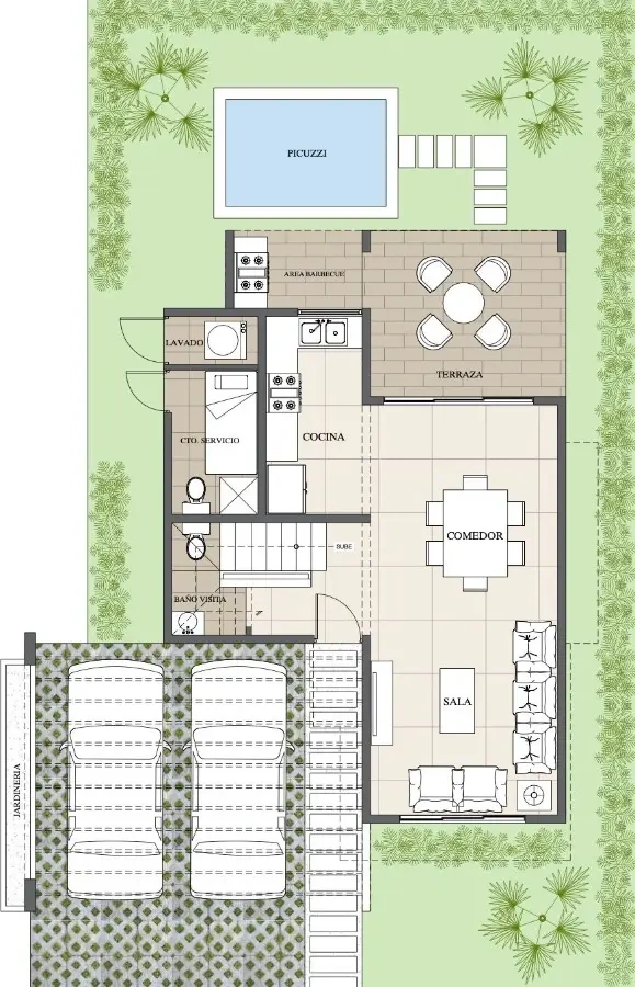Plano arquitectónico del primer nivel con sala, comedor, cocina, terraza y picuzzi