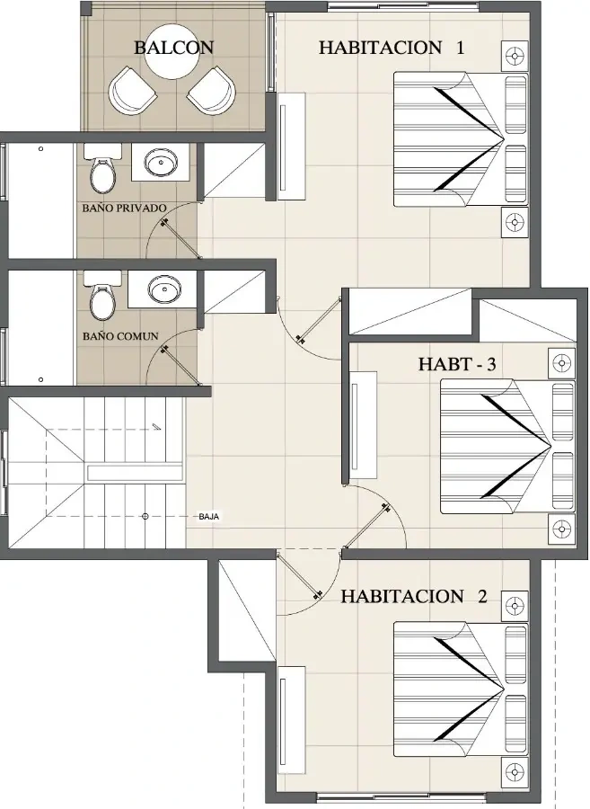 Plano arquitectónico del segundo nivel con habitaciones, baños y balcón