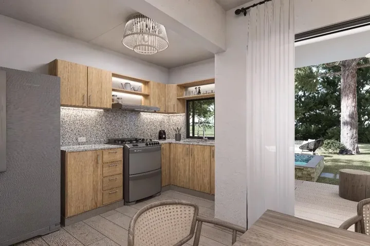 Render de cocina abierta con conexión visual hacia el patio