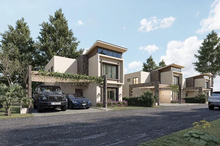 Render exterior del conjunto de villas de arquitectura contemporánea