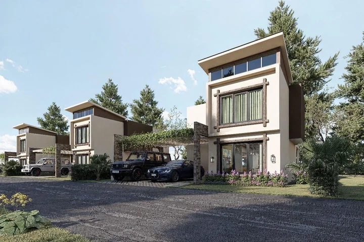 Render de fachada frontal y acceso vehicular de una villa