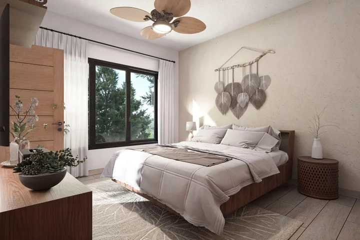 Render de habitación con materiales en tonos claros y madera