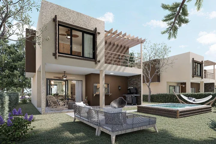 Render de terraza posterior con mobiliario, BBQ y picuzzi