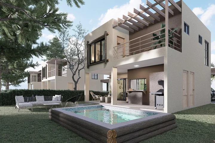 Render del área posterior de una villa con terraza y picuzzi