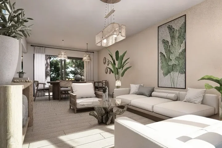 Render interior de sala y comedor con iluminación natural